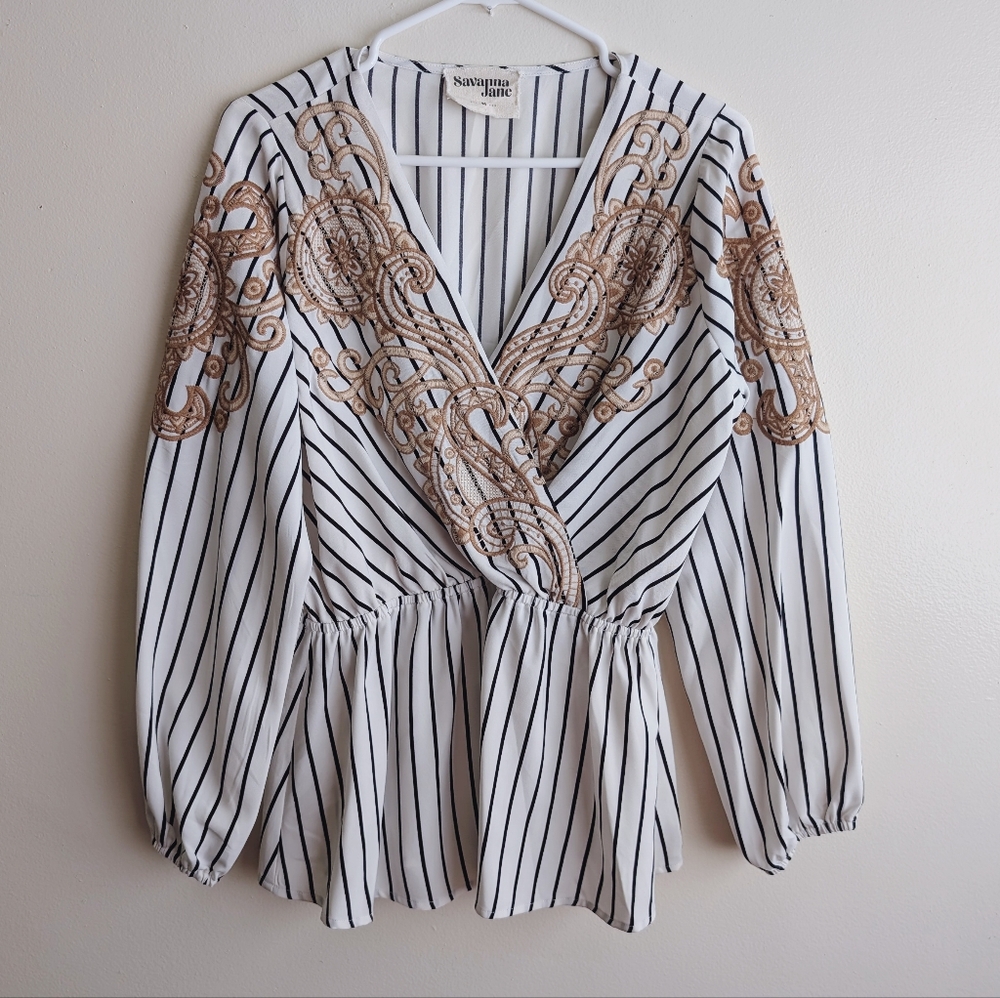 Savanna Jane Stripe Embroidered Peplum Long Peasant Blouse Boho Maximalism
